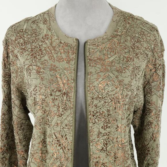 Chicos Sweater 1 Womens Medium 8 Green Full Zip Copper Metallic Stretch Knit - Picture 12 of 16